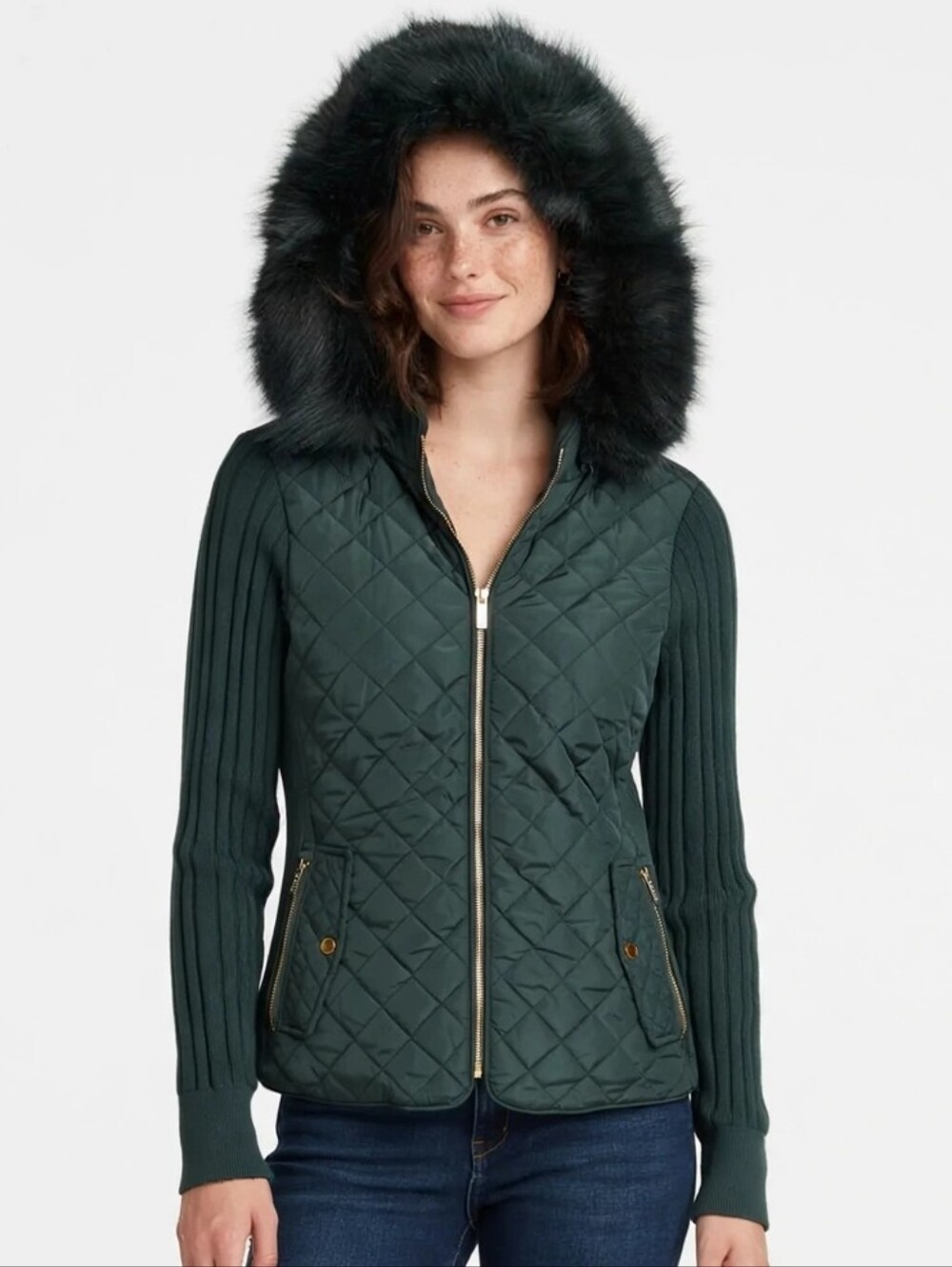 Quilted Jacket Green Olive Womens  Stretch Side Winter Coat Warm Lined New